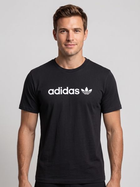 Чорна чоловіча бавовняна футболка Adidas літня з вишитим логотипом та округлим вирізом для спорту та міського життя 269 фото